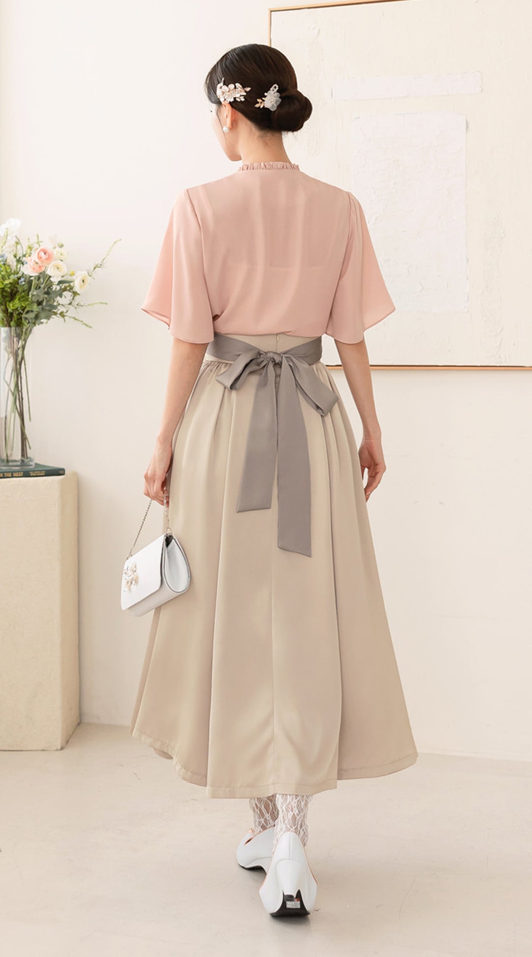 Korean Modern Hanbok Pink Blouse Top Jeogori Beige Skirt Fancy Casual Daily Clothing Fusion Hanbok CHD311