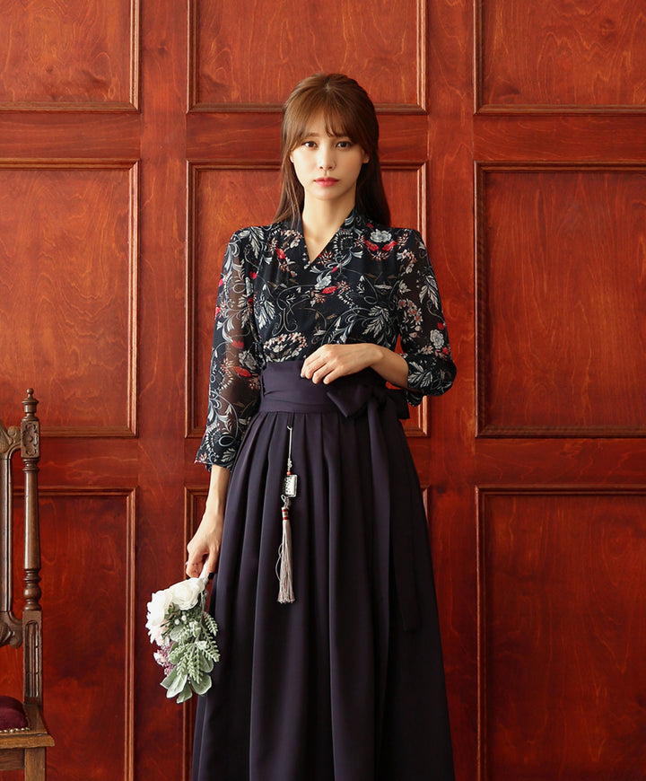 Korean Modern Hanbok Navy Dress Purple Skirt Fancy Casual Daily Clothing Wrapped Design Fusion Hanbok CHD106