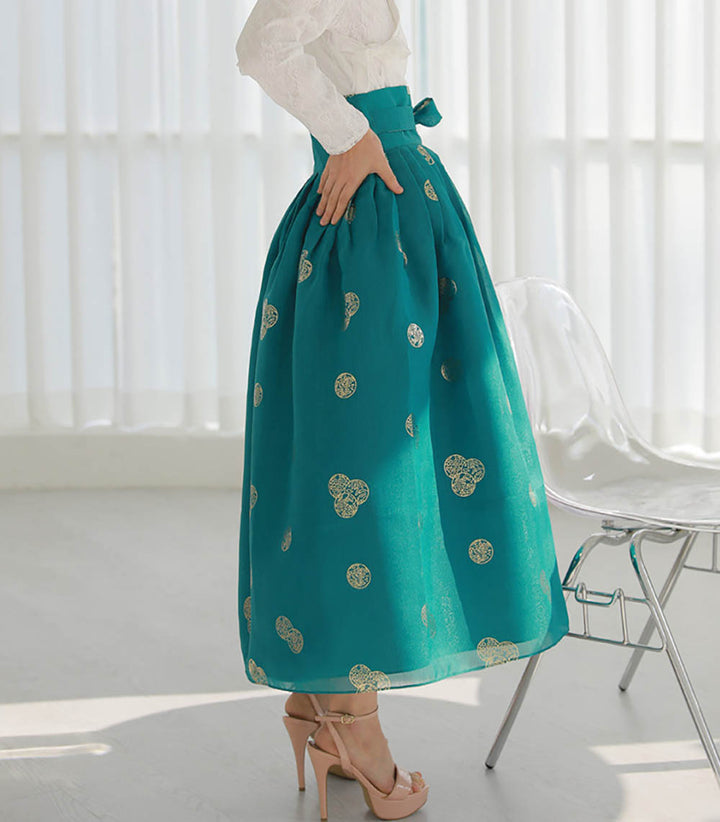 Korean Modern Daily Hanbok Skirt Aqua Gold Print Casual Modernized Party Celebration SSN012