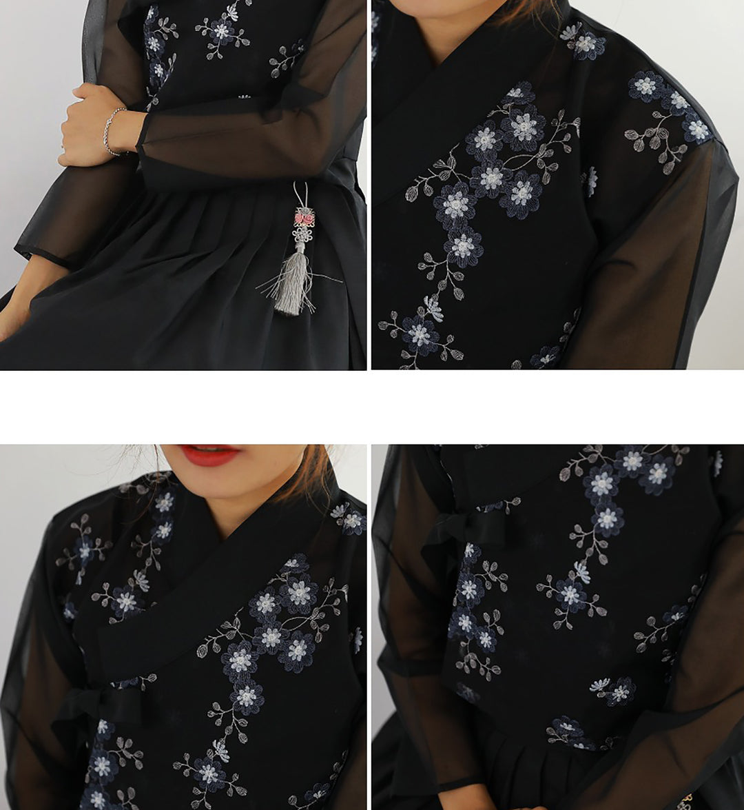 Korean Modern Daily Hanbok Casual Modernized Party Celebration Dress Top Jeogori Skirt Black Embroidery SSN005