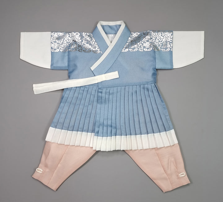 Korean Traditional Boy Baby Hanbok Dol Baikil Party Celebration 100th-10 Ages King Design Sky Blue GHB118