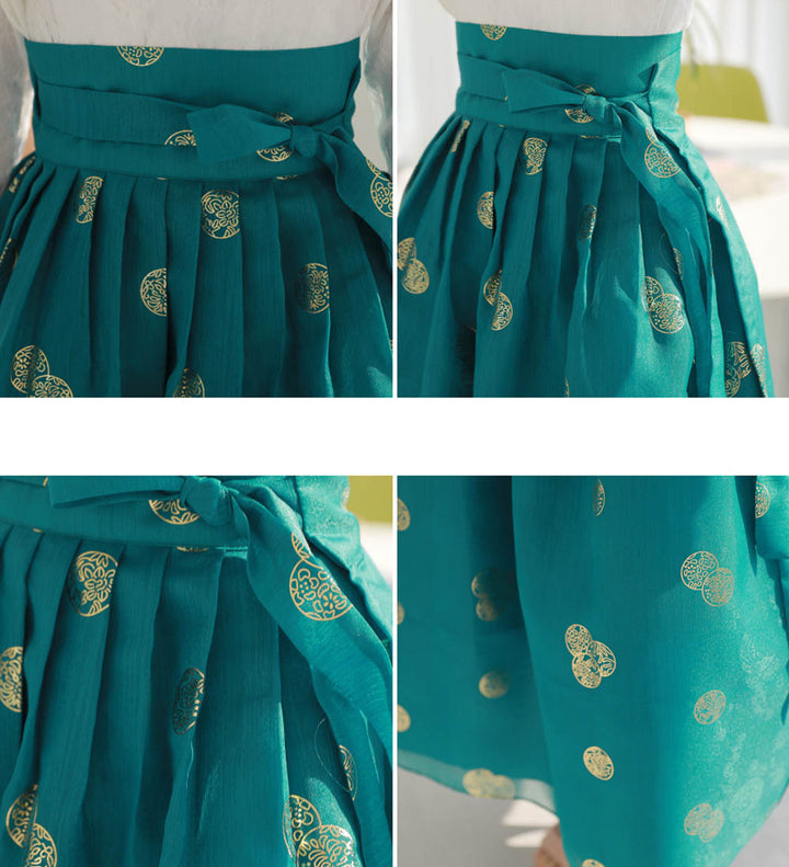 Korean Modern Daily Hanbok Skirt Aqua Gold Print Casual Modernized Party Celebration SSN012