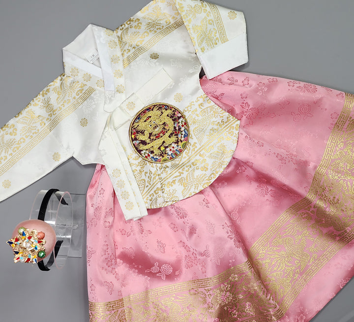 Hanbok Girl Baby Korea Traditional Clothing Set First Birthday Celebration Party Celebration 1–10 Years White Pink Skirt Gold Print HG128