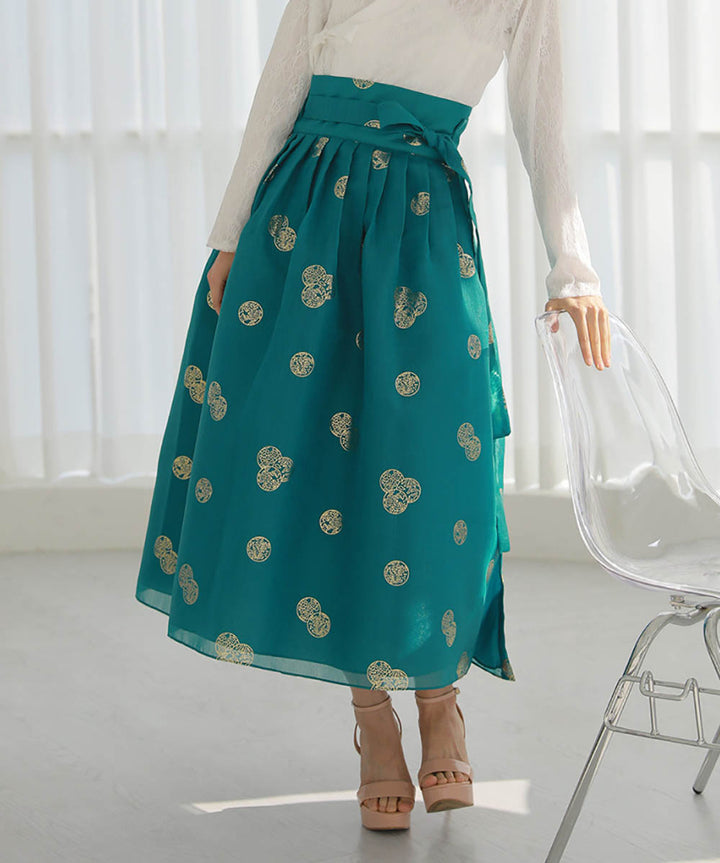 Korean Modern Daily Hanbok Skirt Aqua Gold Print Casual Modernized Party Celebration SSN012