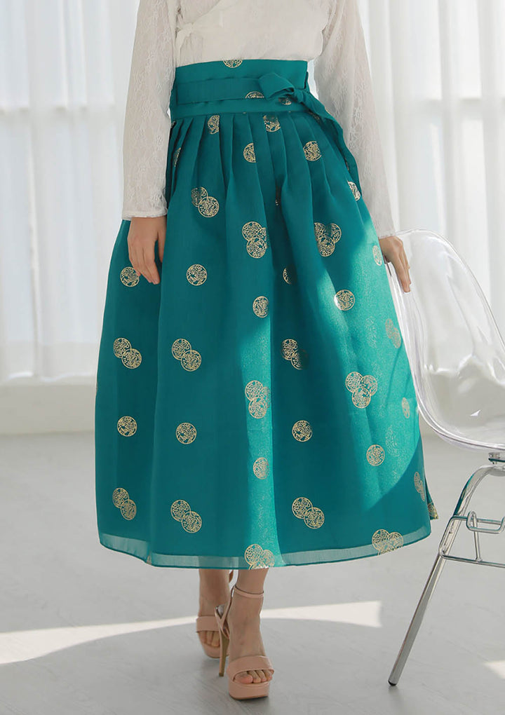 Korean Modern Daily Hanbok Skirt Aqua Gold Print Casual Modernized Party Celebration SSN012