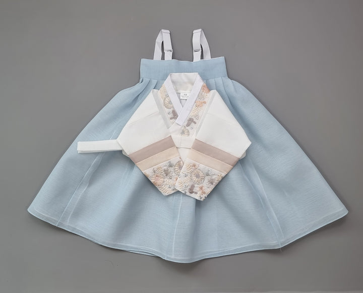 Hanbok Girl Baby Korea Traditional Clothing Set First Birthday Celebration Party 100th Birth Celebration 1 - 15 years White Embroidery Blue