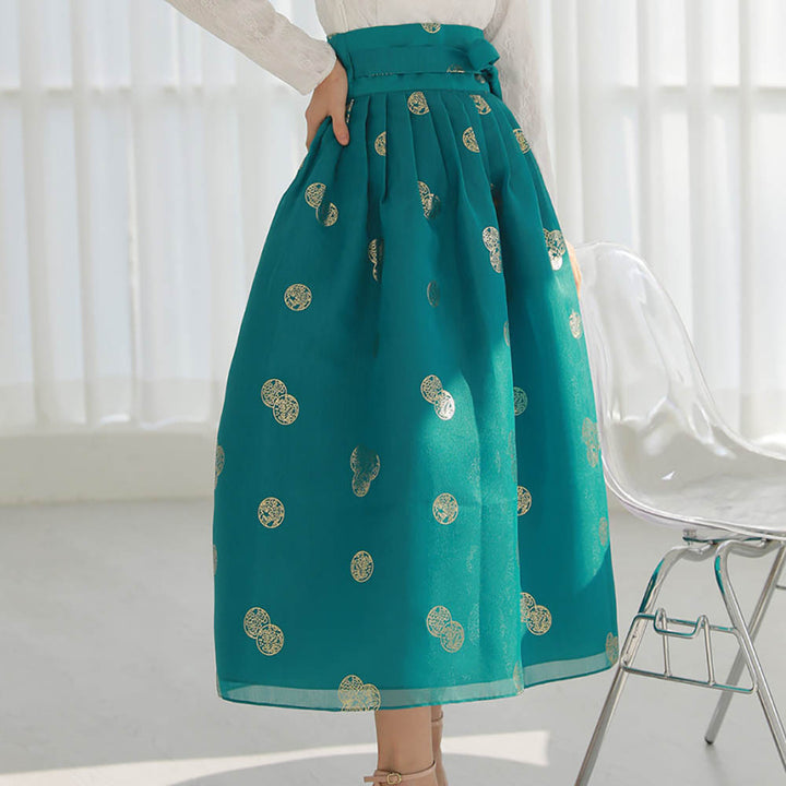 Korean Modern Daily Hanbok Skirt Aqua Gold Print Casual Modernized Party Celebration SSN012