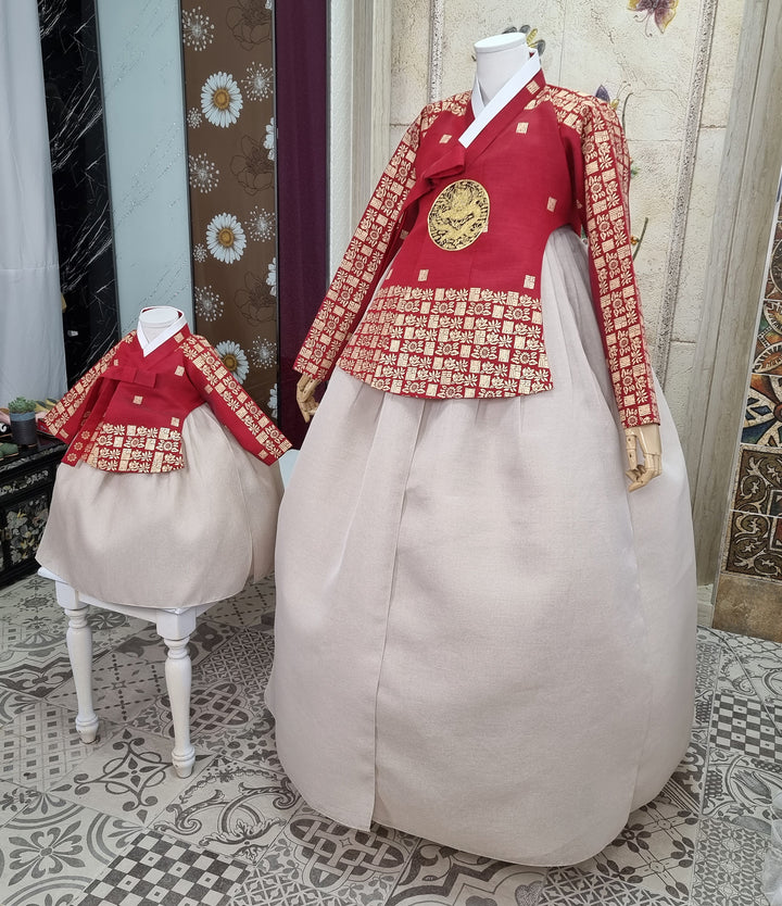 Korean Traditional Fancy Woman Personal Custom Hanbok Wedding Party Ceremony Mom Daughter Couple Look Wine Red Gold Print Hanbok OSF134