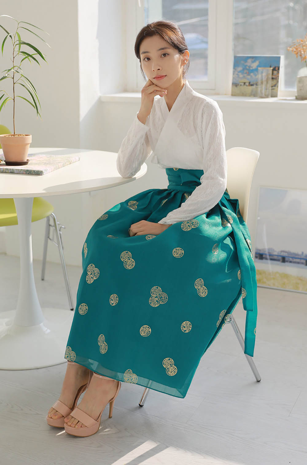 Korean Modern Daily Hanbok Skirt Aqua Gold Print Casual Modernized Party Celebration SSN012