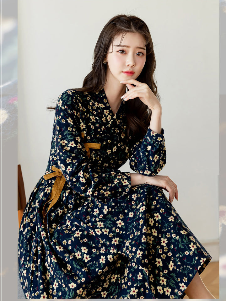 Korean Modern Hanbok Navy Fleece Dress Lace Wrapped Skirt Fancy Casual Daily Clothing Fusion Hanbok Party CHD319