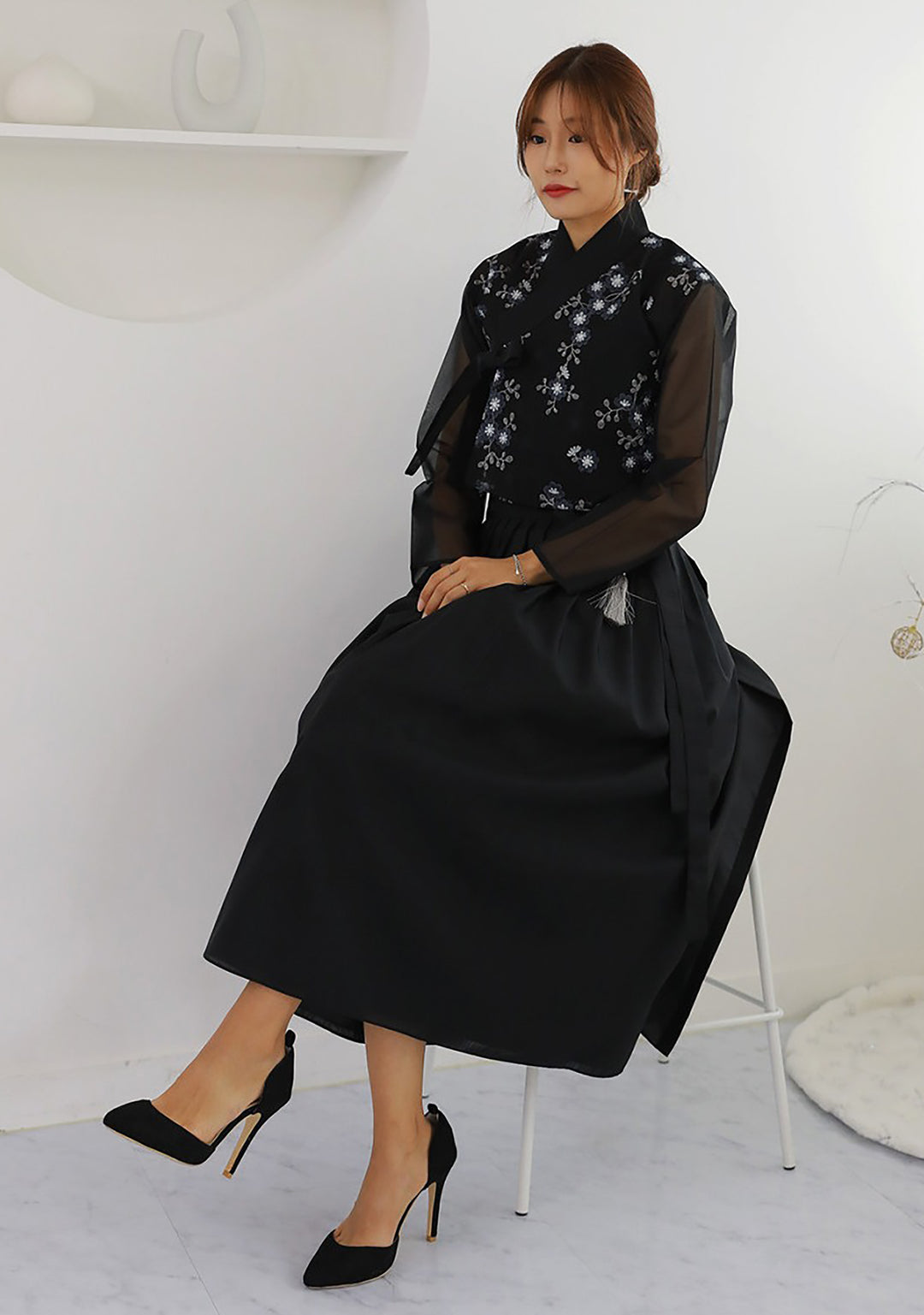 Korean Modern Daily Hanbok Casual Modernized Party Celebration Dress Top Jeogori Skirt Black Embroidery SSN005