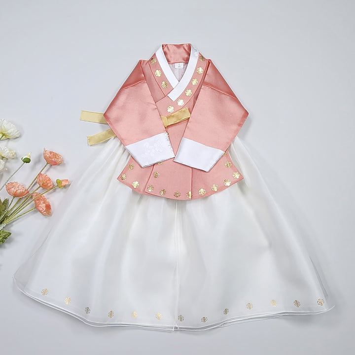 Korea Traditional Hanbok Girl Baby Peach Gold Print Baikil 1–10 Years 1st Birthday Party GOG207