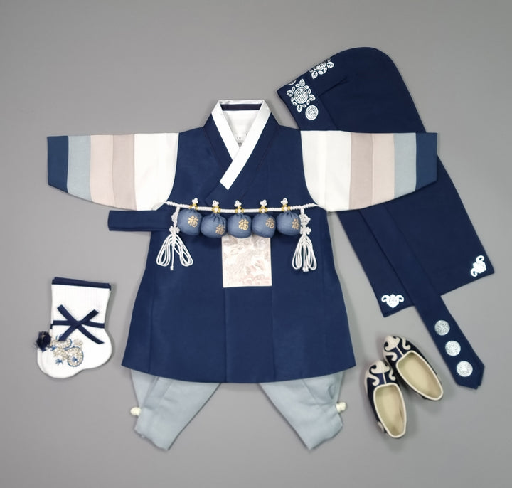 Korean Traditional Boy Baby Hanbok Dol Baikil Party Celebration 100th Days 1-15 Ages Navy 색동 HGB113