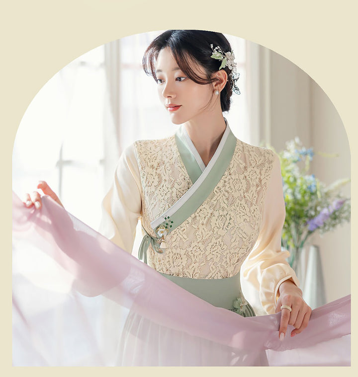 Woman Korean Modern Hanbok Lovely Ivory Lace Dress Fancy Casual Daily Clothing Fusion Hanbok Party CHD409