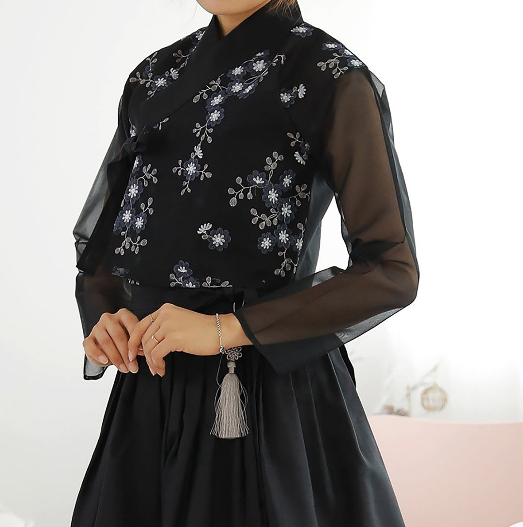 Korean Modern Daily Hanbok Casual Modernized Party Celebration Dress Top Jeogori Skirt Black Embroidery SSN005