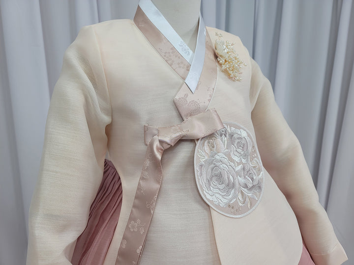 Korean Traditional Fancy Woman Personal Custom Hanbok Wedding Party Ceremony Mom Daughter Couple Look Beige Dark Pink Hanbok OSF135