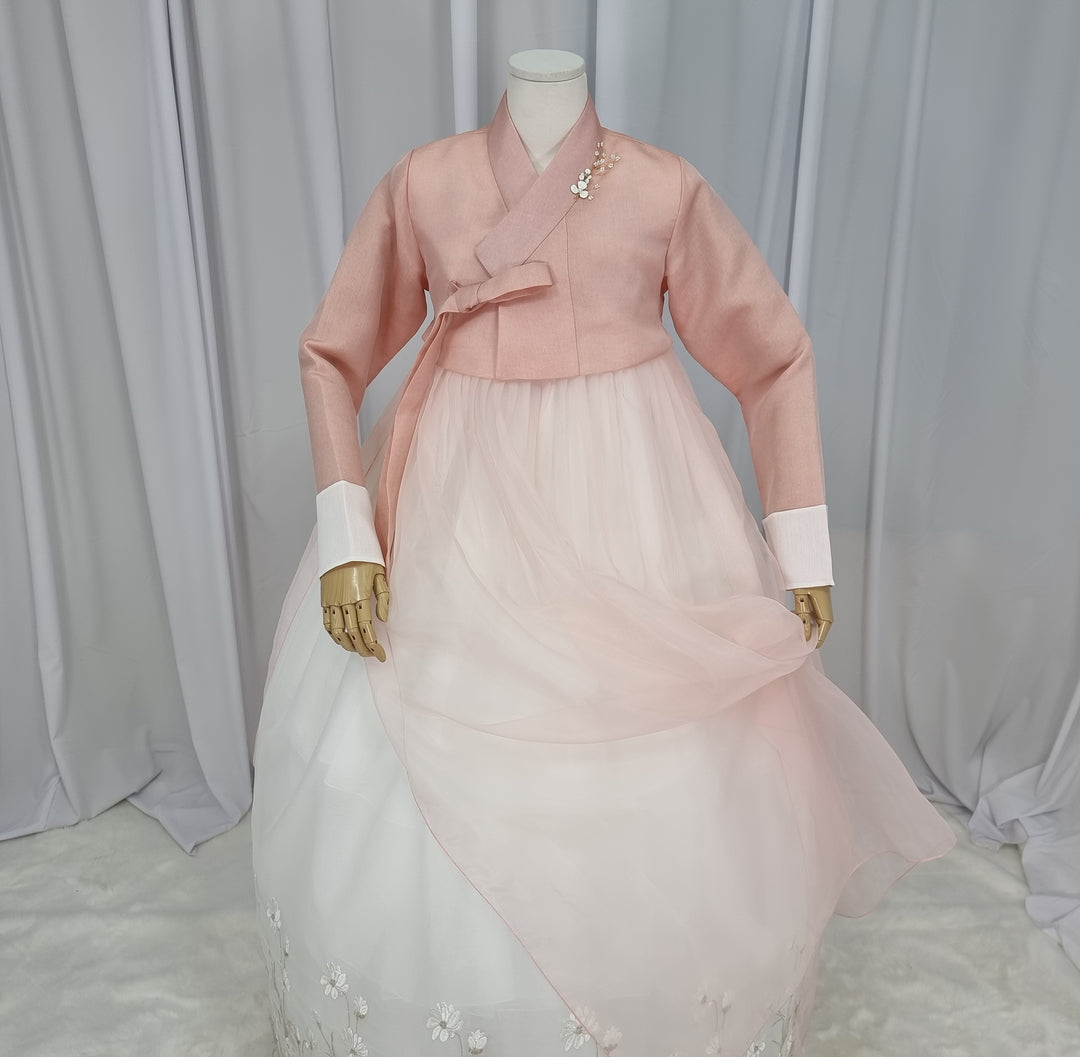 Woman Hanbok Dress Korea Traditional clothes Set Wedding Ceremony Birthday Custom-Made Peach Flower Lace OSW555