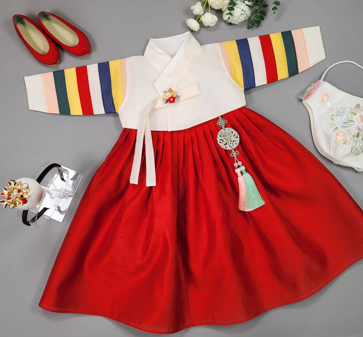 Hanbok Girl Baby Korea Traditional Clothing Set First Birthday Celebration Party Celebration 1–8 Years Vivid Red Saekdong 색동저고리 OSG330