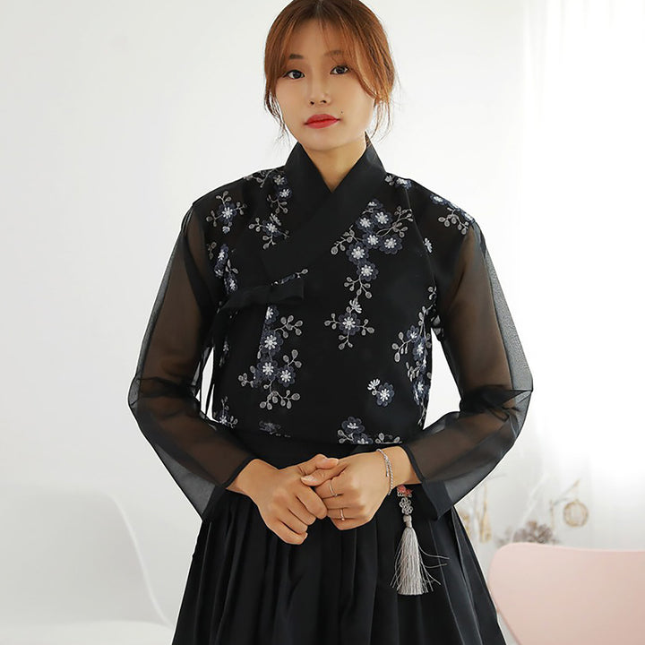 Korean Modern Daily Hanbok Casual Modernized Party Celebration Dress Top Jeogori Skirt Black Embroidery SSN005