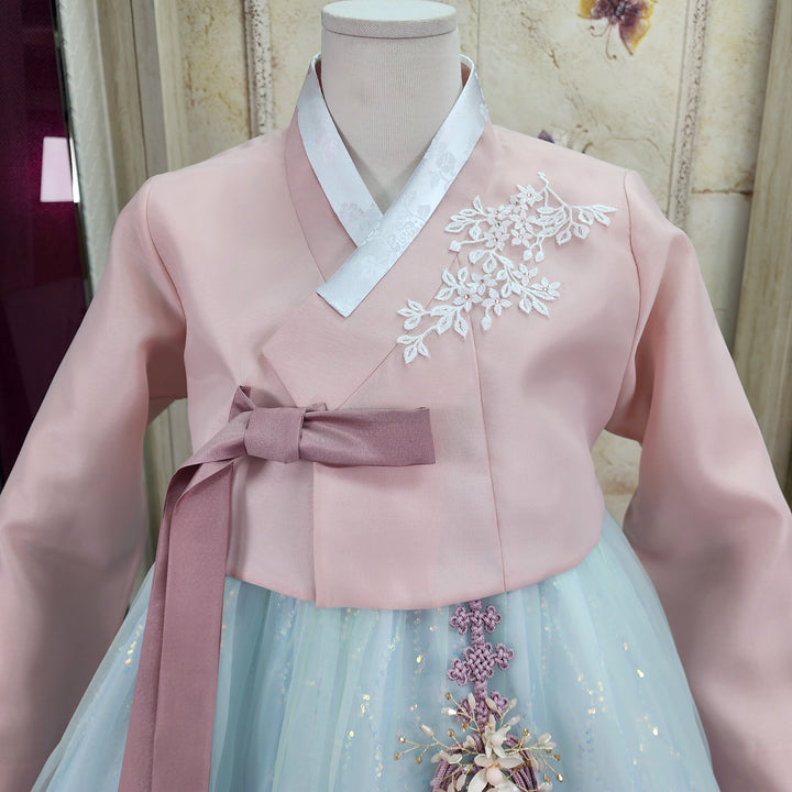 Korean Traditional Woman Personal Custom Hanbok Wedding Party Ceremony Pink Blue Beads Skirt Hanbok 142