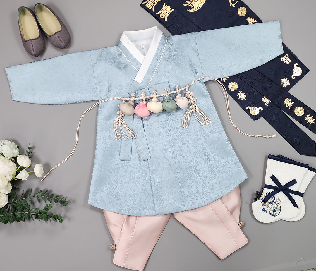 Korean Traditional Boy Baby Hanbok Dol Baikil Party Celebration 100 Days-8 Ages Oriental Silk Sky Blue OSB162