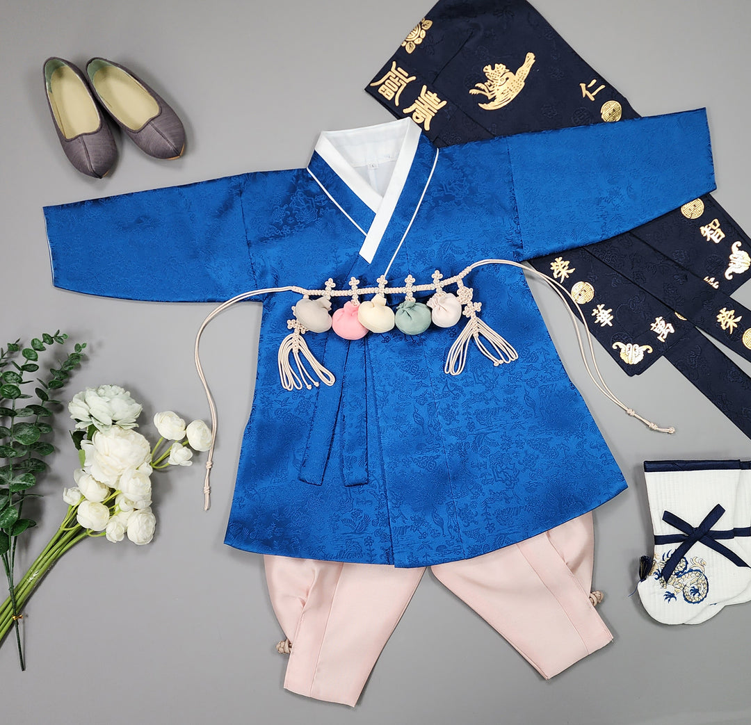 Korean Traditional Boy Baby Hanbok Dol Baikil Party Celebration 100 Days-8 Ages Oriental Silk Dark Blue OSB163