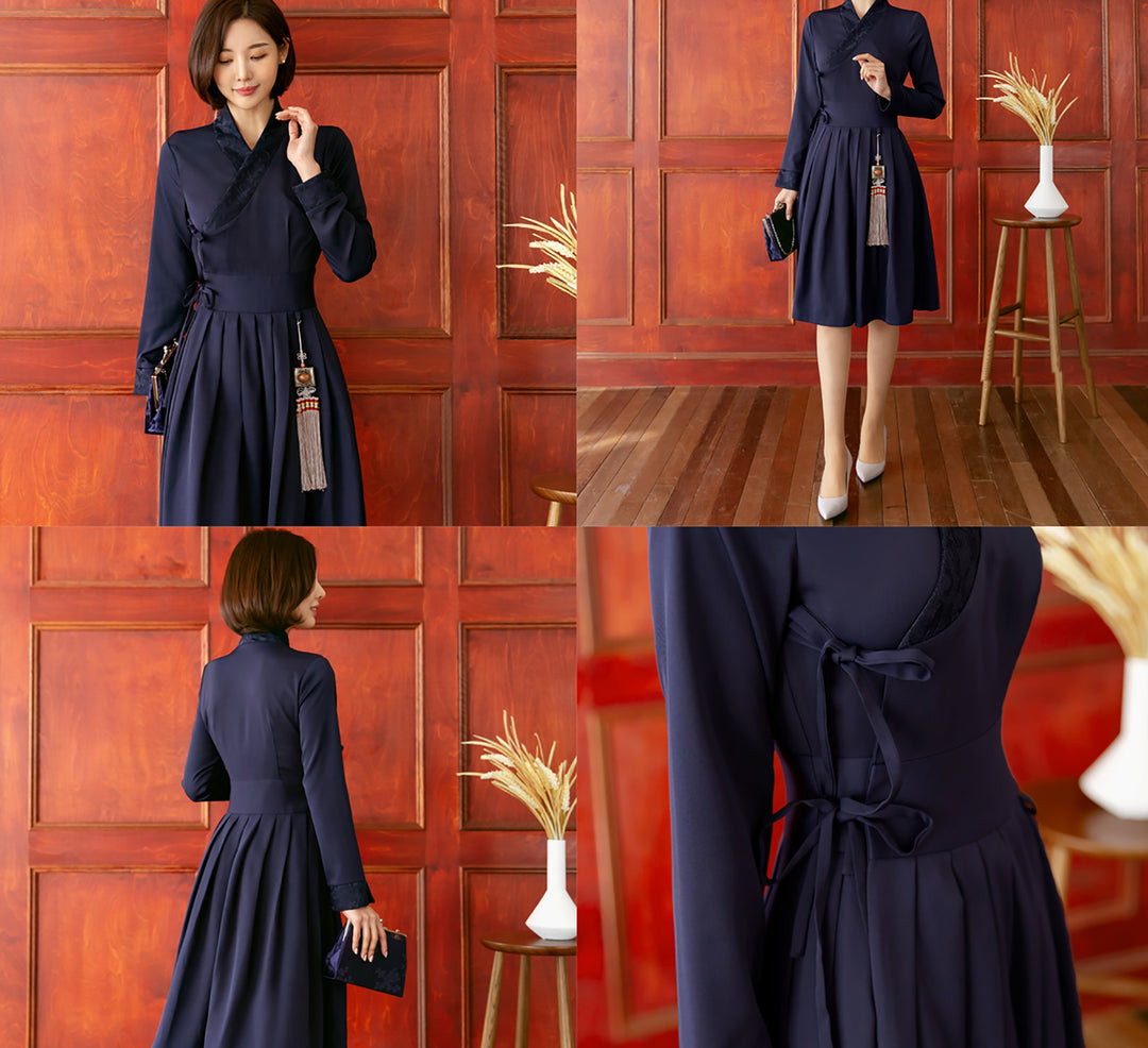 Korean Modern Hanbok Navy Dress Skirt Fancy Casual Daily Clothing Wrapped Design Fusion Hanbok CHD117