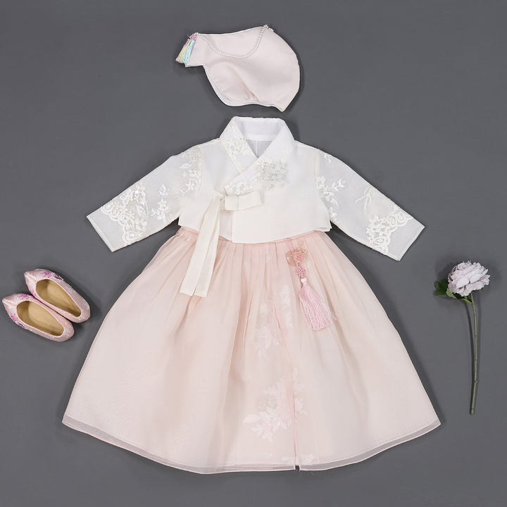 Hanbok Girl Baby Korea Traditional Clothing Set First Birthday Celebration Party 100th Birth Celebration 1-8 years White Embroidery Pink