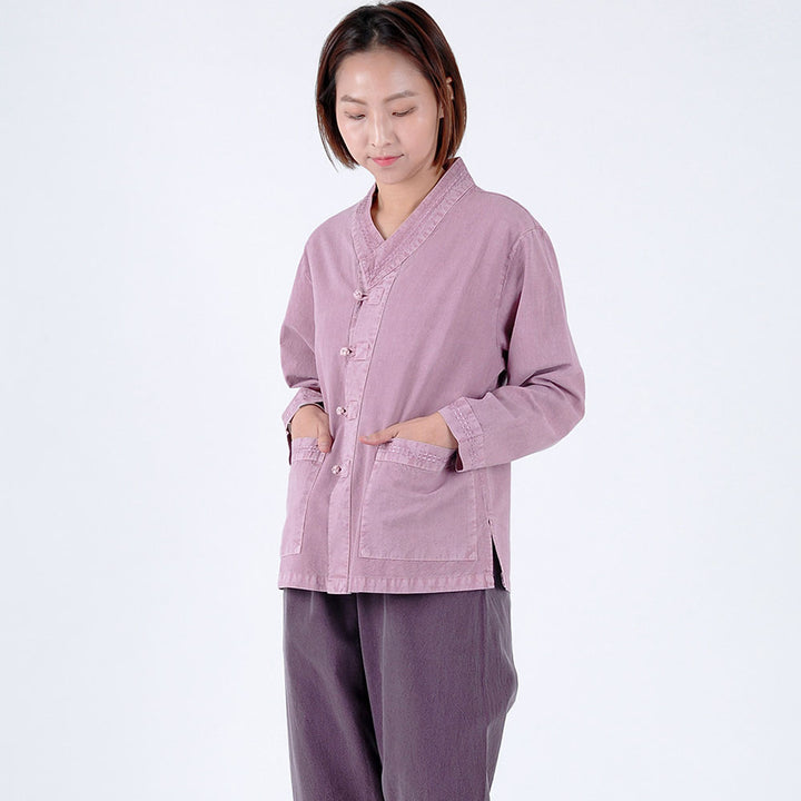 Korean Hanbok Washed Cotton Common Use Man Woman Casual Daily Clothing Meditation Yoga BTS Long Sleeve Lilac Cocoa 20005