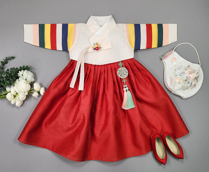 Hanbok Girl Baby Korea Traditional Clothing Set First Birthday Celebration Party Celebration 1–8 Years Vivid Red Saekdong 색동저고리 OSG330