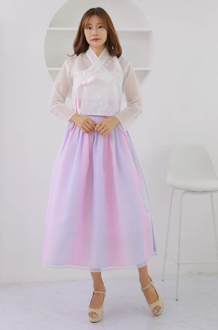 Korean Modern Daily Hanbok Casual Modernized Party Celebration Dress Top Jeogori Skirt White Lovely Pink SSN013