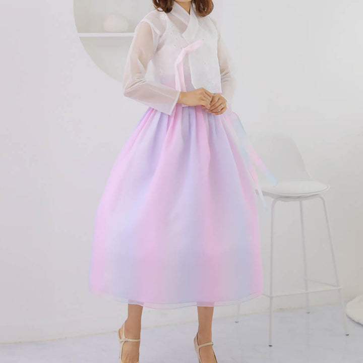 Korean Modern Daily Hanbok Casual Modernized Party Celebration Dress Top Jeogori Skirt White Lovely Pink SSN013