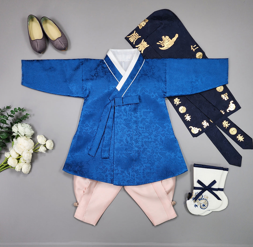 Korean Traditional Boy Baby Hanbok Dol Baikil Party Celebration 100 Days-8 Ages Oriental Silk Dark Blue OSB163