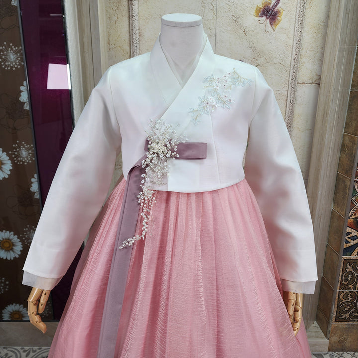 Korean Traditional Woman Personal Custom Hanbok Wedding Party Ceremony Ivory Peach Skirt Hanbok 145