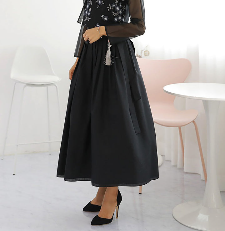 Korean Modern Daily Hanbok Casual Modernized Party Celebration Dress Top Jeogori Skirt Black Embroidery SSN005