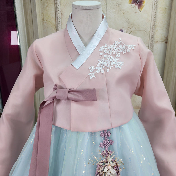 Korean Traditional Woman Personal Custom Hanbok Wedding Party Ceremony Pink Blue Beads Skirt Hanbok 142