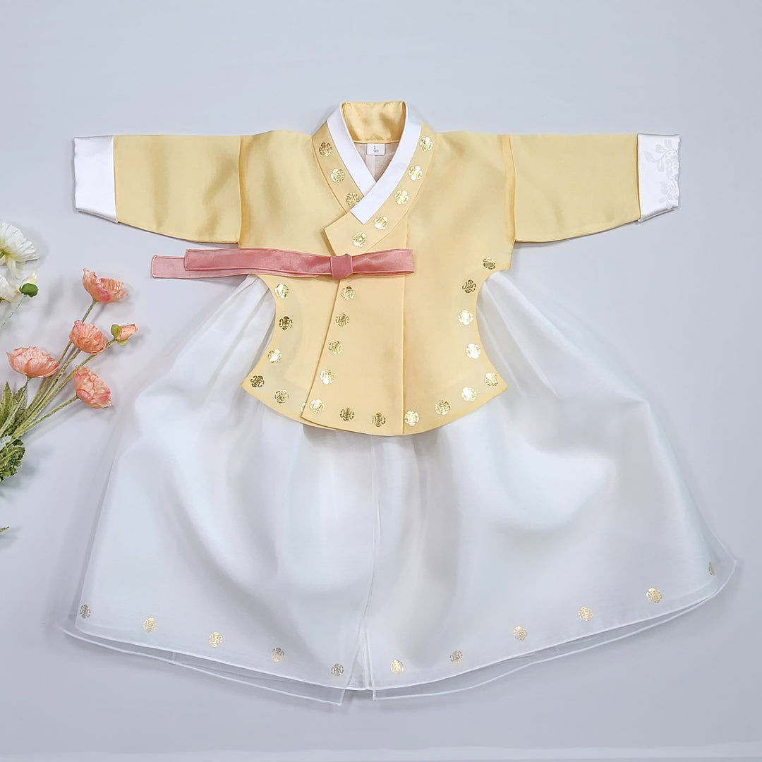 Korea Traditional Hanbok Girl Baby Yellow Gold Print Baikil 1–10 Years 1st Birthday Party GOG205