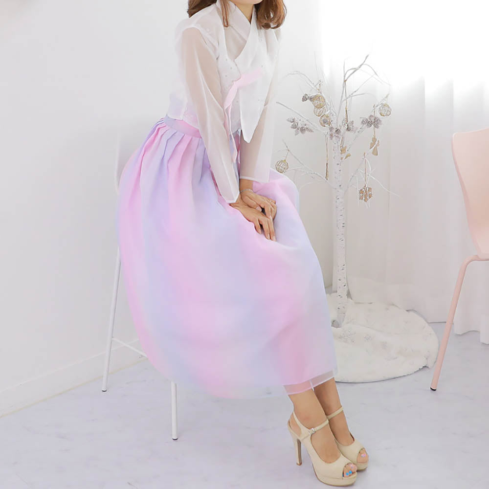 Korean Modern Daily Hanbok Casual Modernized Party Celebration Dress Top Jeogori Skirt White Lovely Pink SSN013