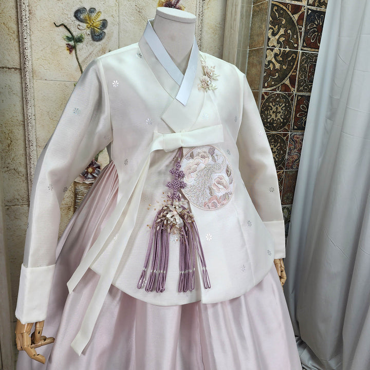 Korean Traditional Woman Personal Custom Hanbok Wedding Party Ceremony Ivory Embroidery Light Pink Skirt Mom Grandmom Hanbok 149