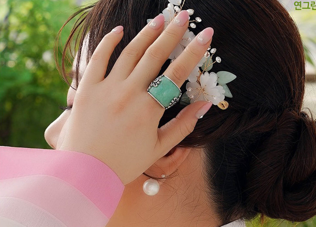 Korean Traditional Jade Ring Hanbok Accessory Item Adjustable Size Silver MR016