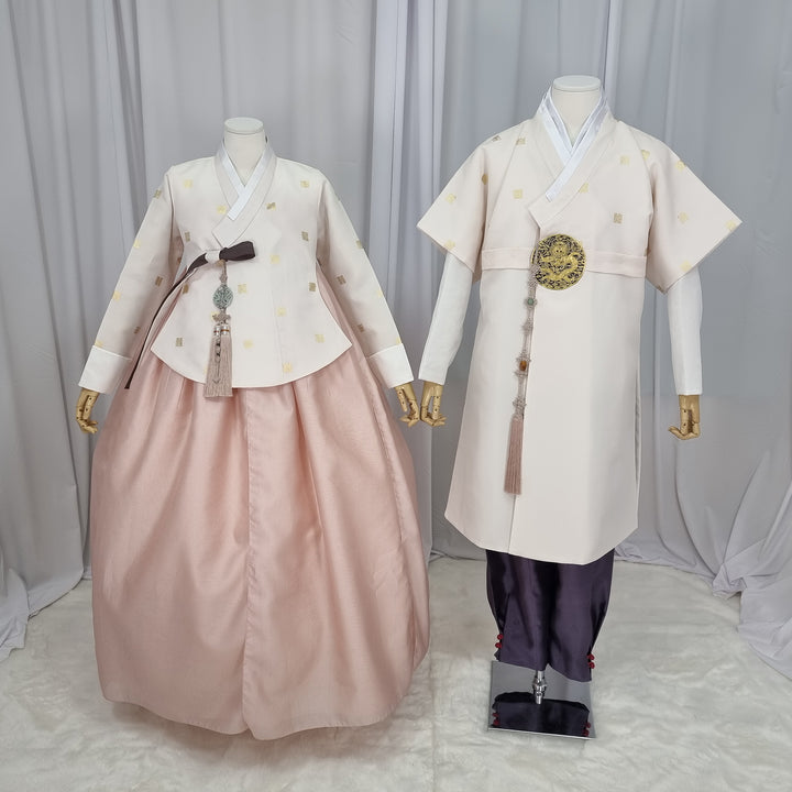 Korean Traditional Woman Man Couple Personal Custom Hanbo Wedding Party Ceremony Ivory Gold Print Hanbok OSF141