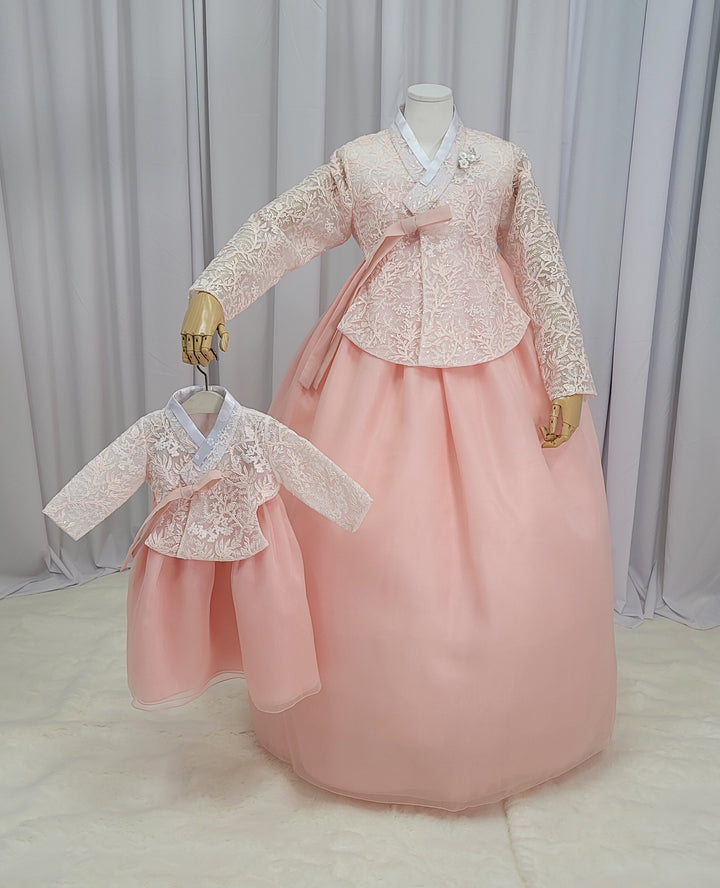 Korean Traditional Fancy Woman Personal Custom Hanbok Wedding Party Ceremony Mom Daughter Couple Look Pink Peach Lace Hanbok OSF136