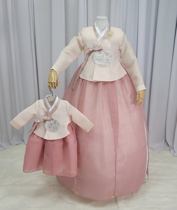 Korean Traditional Fancy Woman Personal Custom Hanbok Wedding Party Ceremony Mom Daughter Couple Look Beige Dark Pink Hanbok OSF135