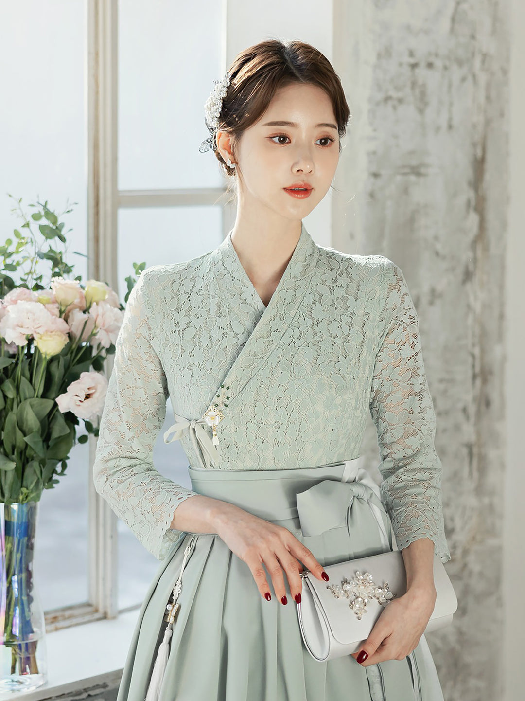 Korean Modern Hanbok Light Green Lace Dress Fancy Casual Daily Clothing Fusion Hanbok CHD211