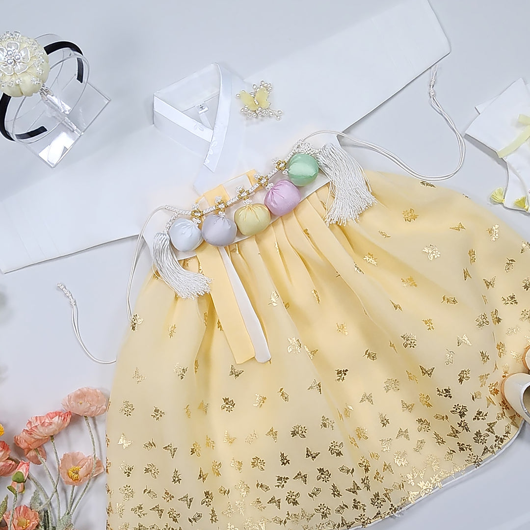 Hanbok Girl Baby Korea Traditional Clothing Set First Birthday Celebration Party 1–10 years 100th days Butterfly Gold Print DGH123