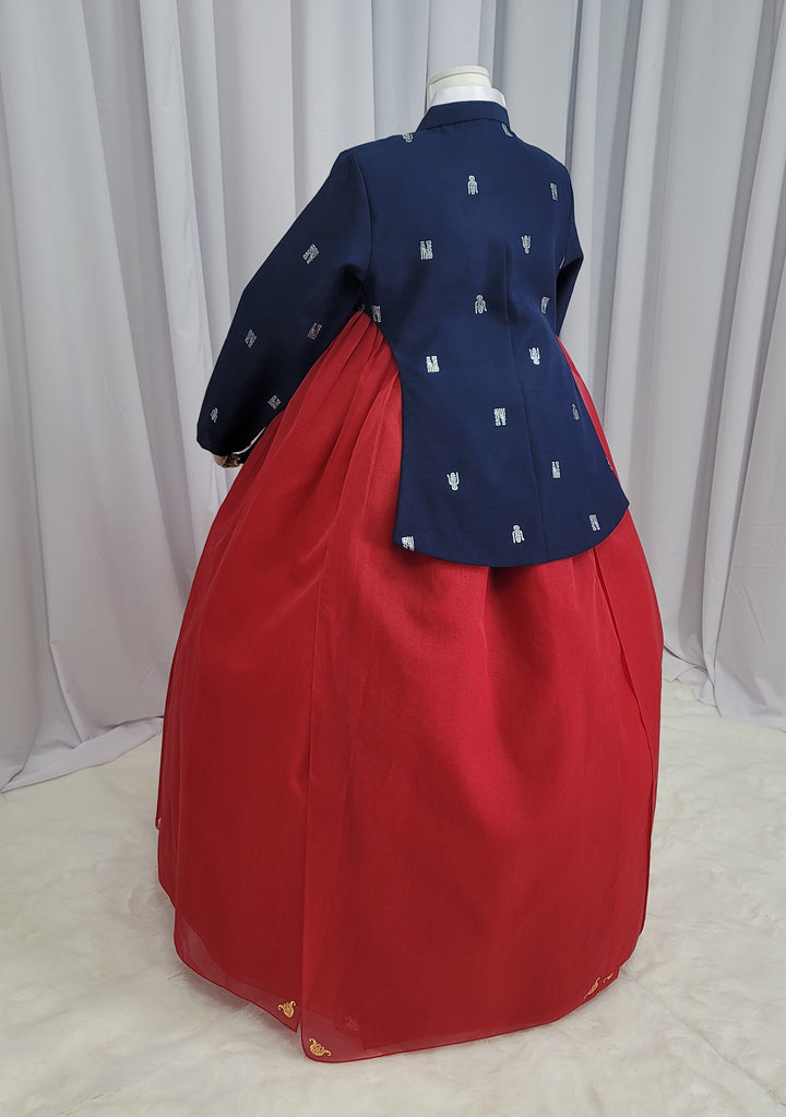 Korean Traditional Woman Personal Custom Hanbok Wedding Party Ceremony High Quality Print Dangui 당의 Queen Princess Design Hanbok Navy Red OSW150