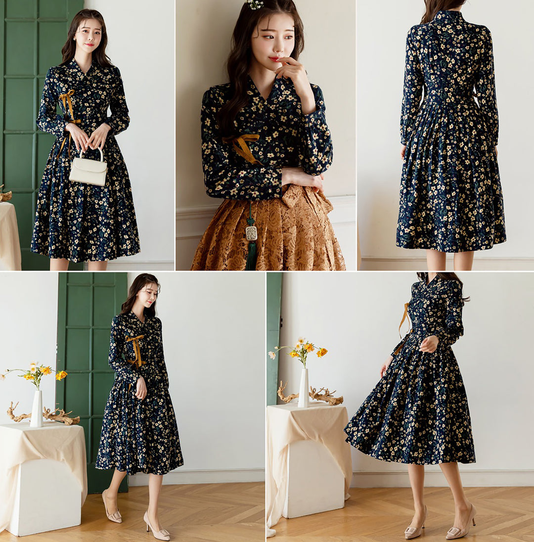 Korean Modern Hanbok Navy Fleece Dress Lace Wrapped Skirt Fancy Casual Daily Clothing Fusion Hanbok Party CHD319