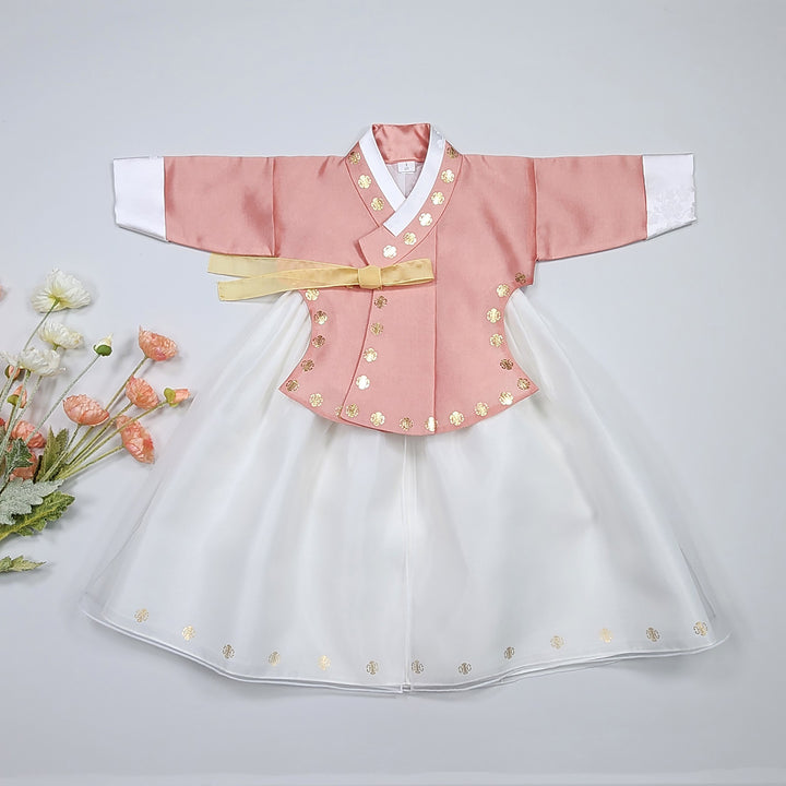 Korea Traditional Hanbok Girl Baby Peach Gold Print Baikil 1–10 Years 1st Birthday Party GOG207