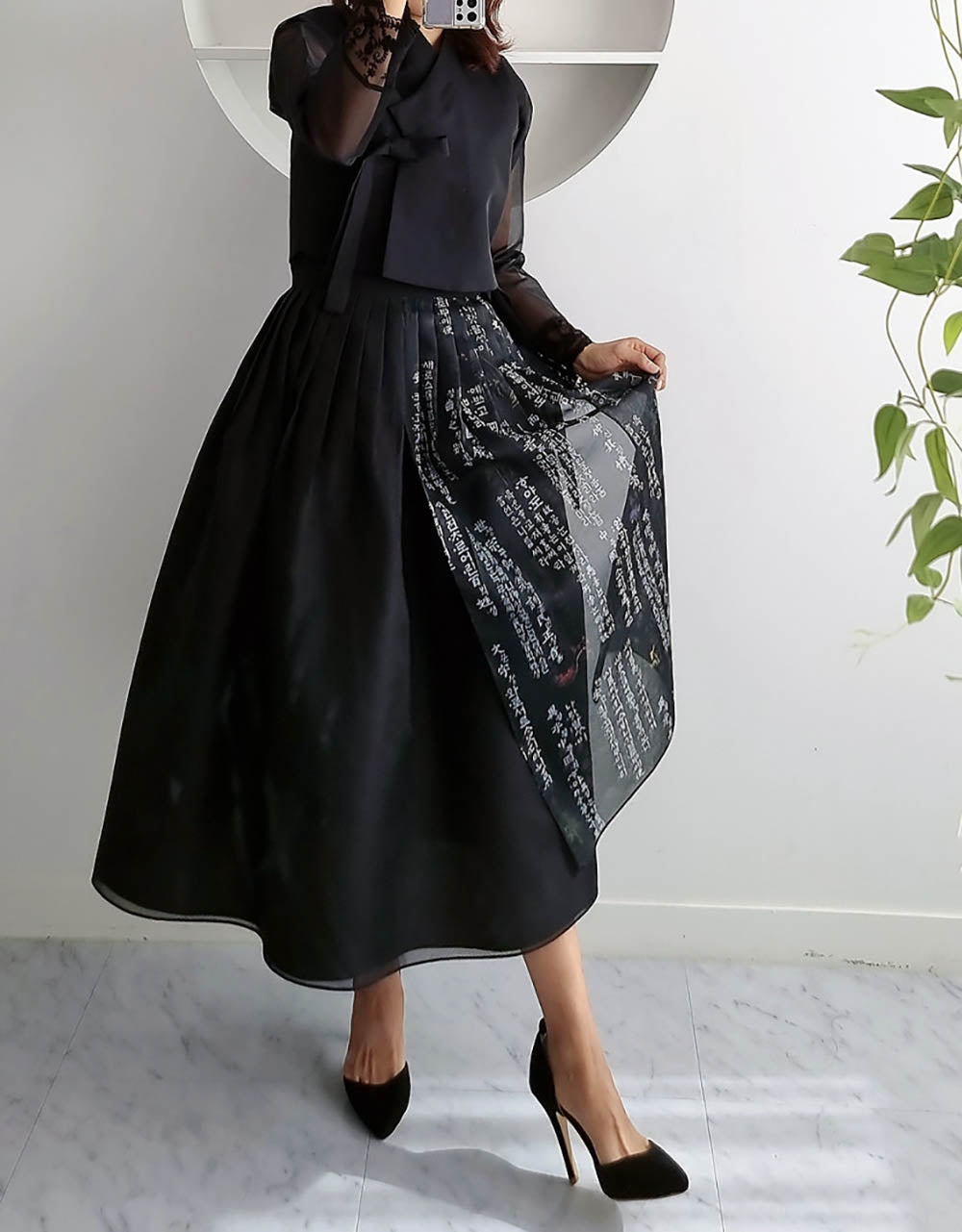 Korean Modern Daily Hanbok Casual Modernized Party Celebration Dress Top Jeogori Skirt Black&nbsp;SSN014