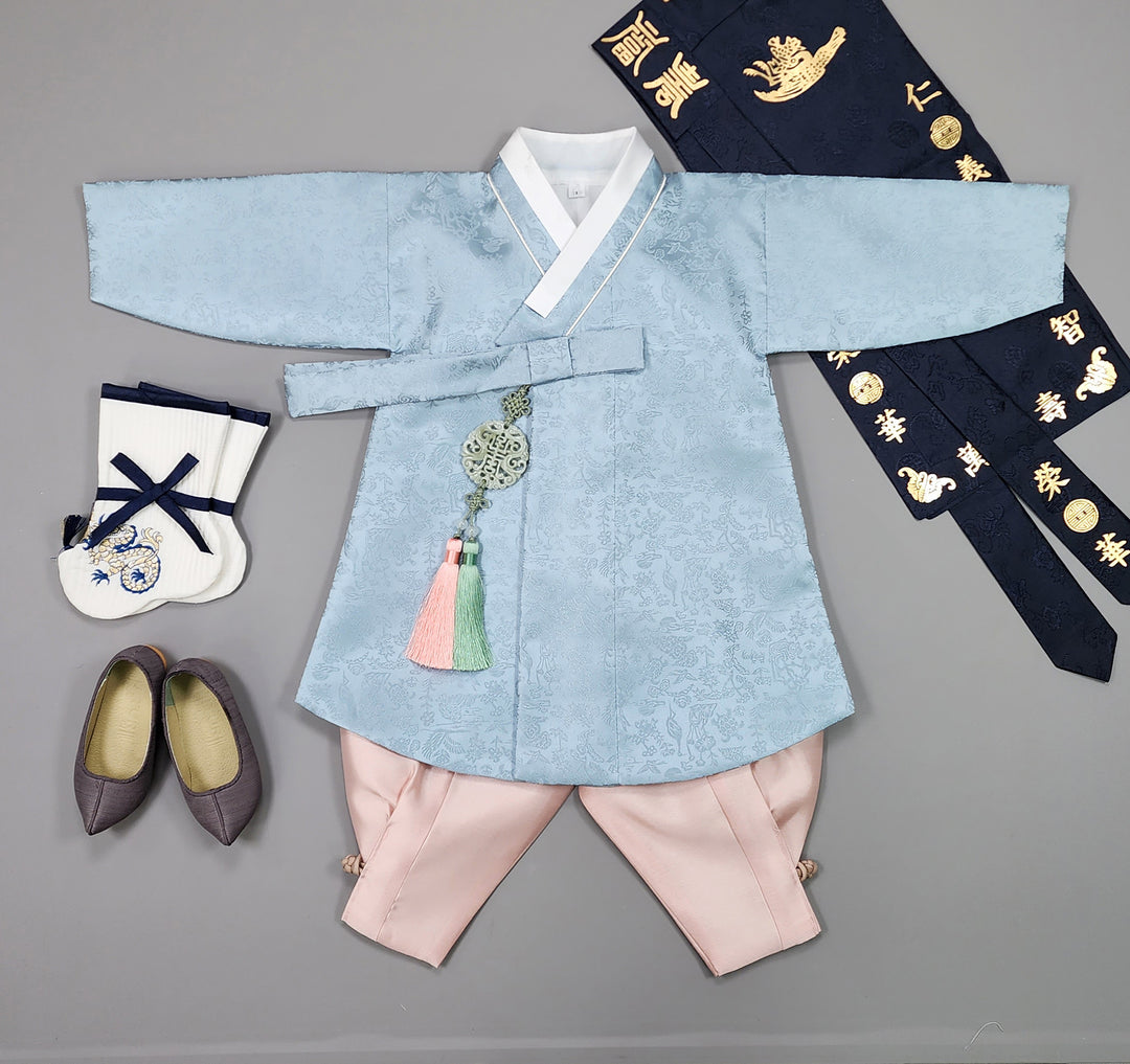 Korean Traditional Boy Baby Hanbok Dol Baikil Party Celebration 100 Days-8 Ages Oriental Silk Sky Blue OSB162